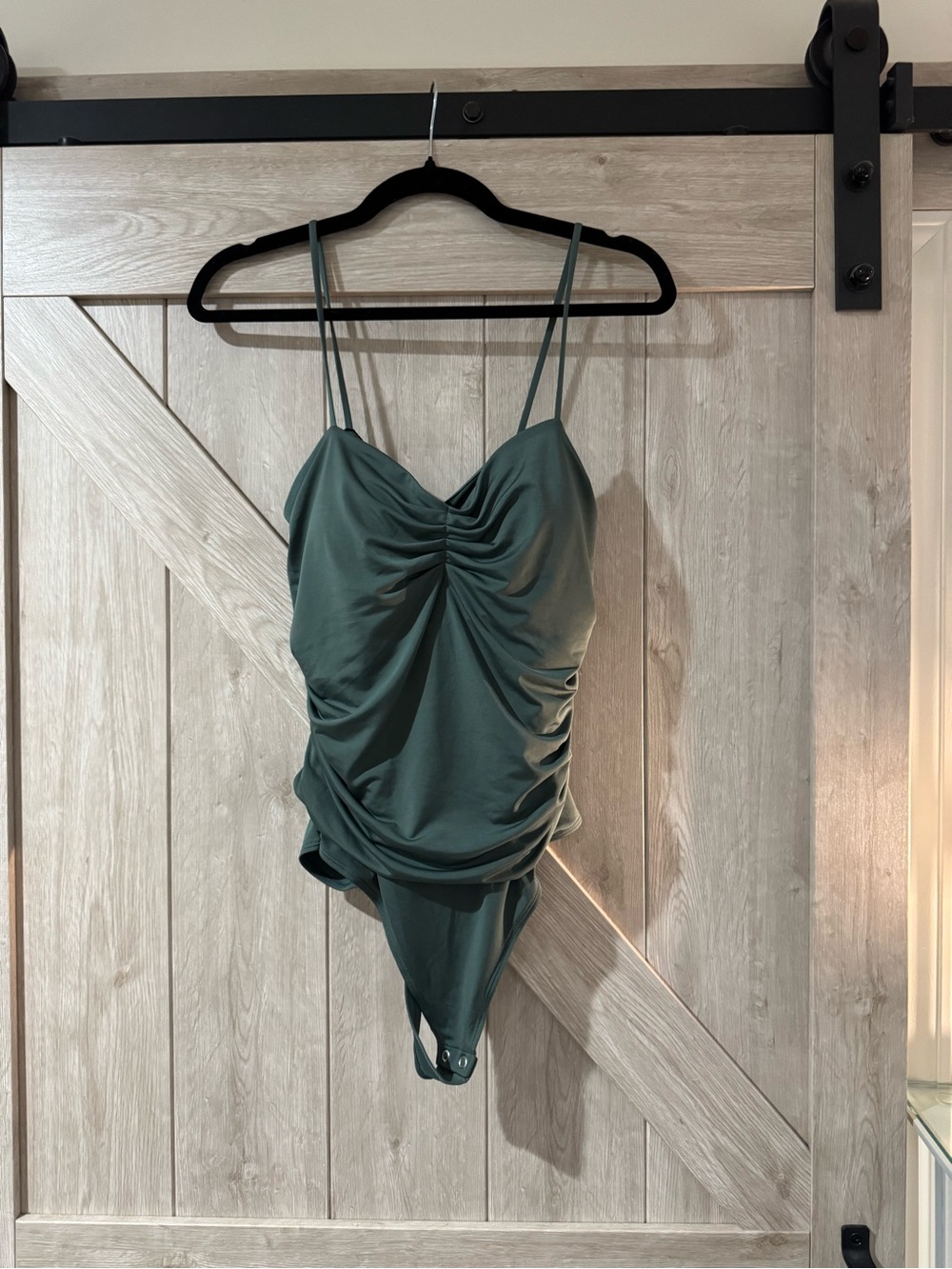 Express Green Ruched Spaghetti Strap Bodysuit